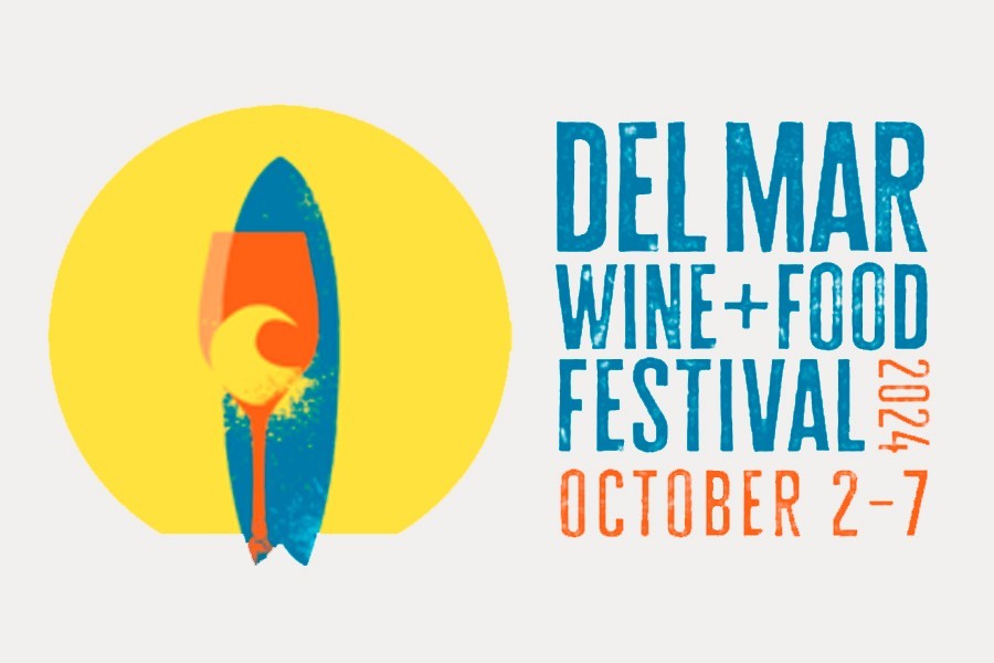 A logo with a translucent red wine glass in front of a blue surfboard against a large yellow sun. Underneath are the words Del Mar Wine + Food Festival 2024 October 2–7