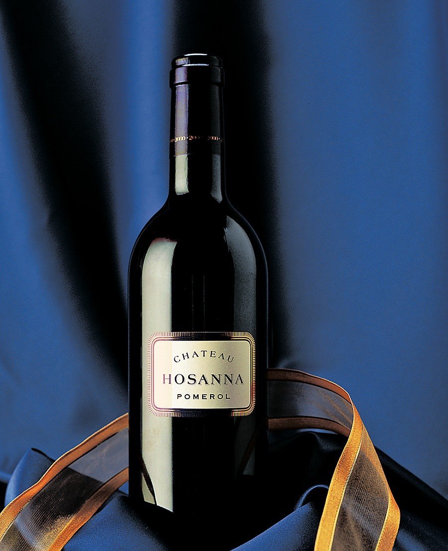 Château Hosanna bottle with ribbon