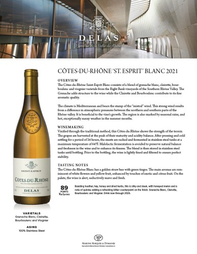 Sell Sheet for {materiallist:brand_name} Côtes-du-Rhône ‘St. Esprit’ Blanc 2021