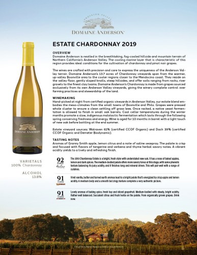 Sell Sheet for {materiallist:brand_name} Estate Chardonnay 2019