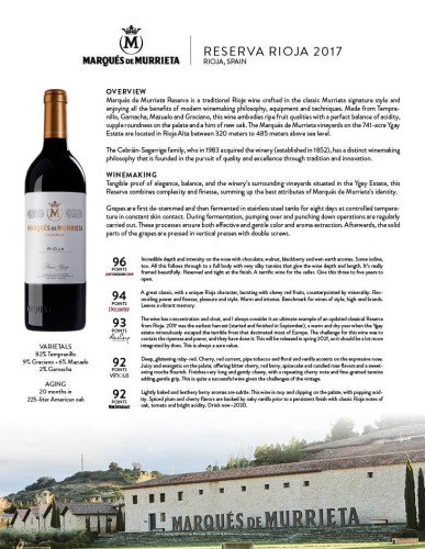 Sell Sheet for {materiallist:brand_name} Reserva Rioja 2017