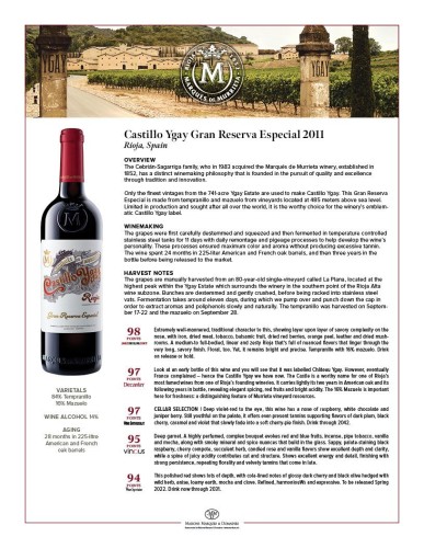 Sell Sheet for {materiallist:brand_name} Castillo Ygay Gran Reserva Especial 2011