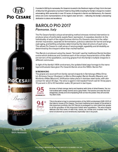 Sell Sheet for {materiallist:brand_name} Barolo Pio DOCG 2017