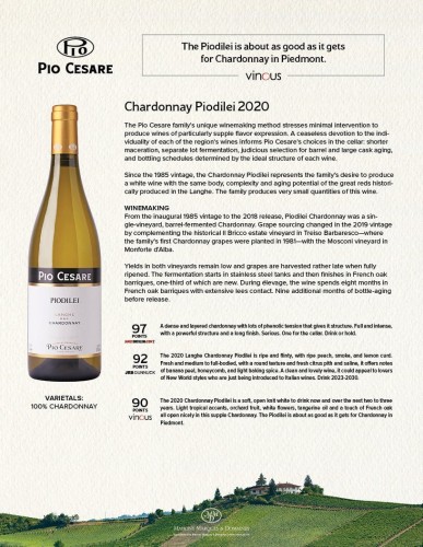 Sell Sheet for {materiallist:brand_name} Chardonnay Piodilei DOC 2020