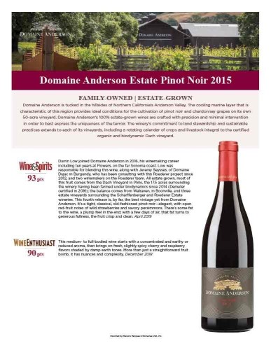 Sell Sheet for {materiallist:brand_name} Estate Pinot Noir 2015