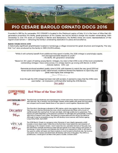 Sell Sheet for {materiallist:brand_name} Barolo Ornato DOCG 2016